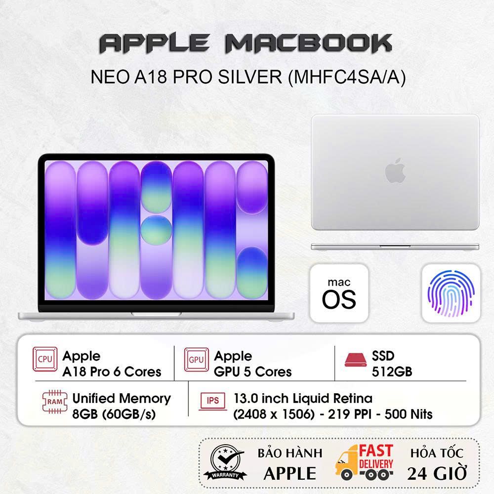 19)Laptop Apple MacBook Neo 13 inch A18 Pro Silver 6CPU/5GPU/8GB/512GB SSD Touch ID - MHFC4SA/A