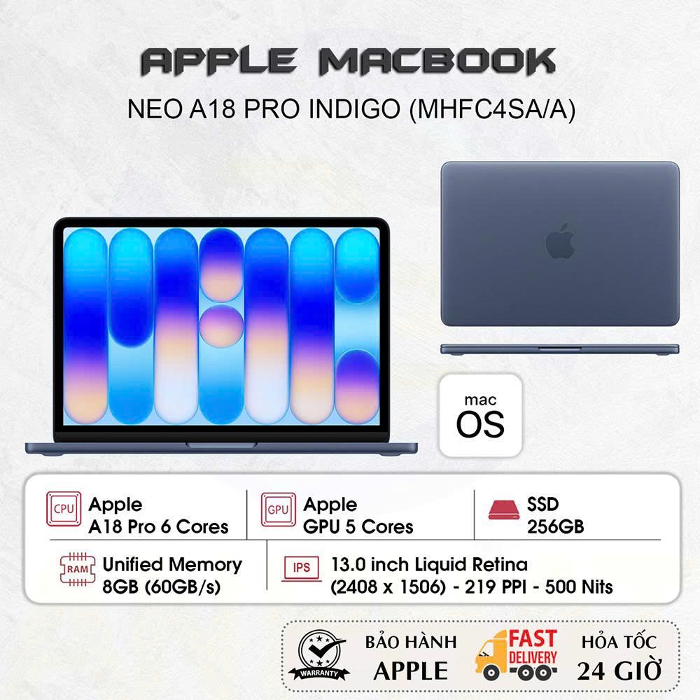 18)Laptop Apple MacBook Neo 13 inch A18 Pro Xanh Indigo MHFF4SA/A 6CPU/5GPU/8GB/256GB