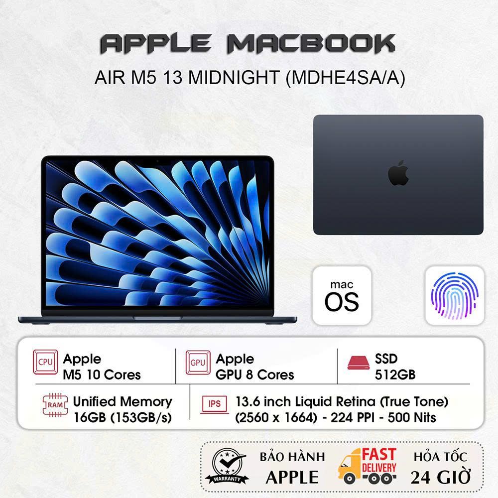 20)Laptop Apple MacBook Air 13 inch M5 Midnight - 10CPU/8GPU/16GB/512GB - MDHE4SA/A